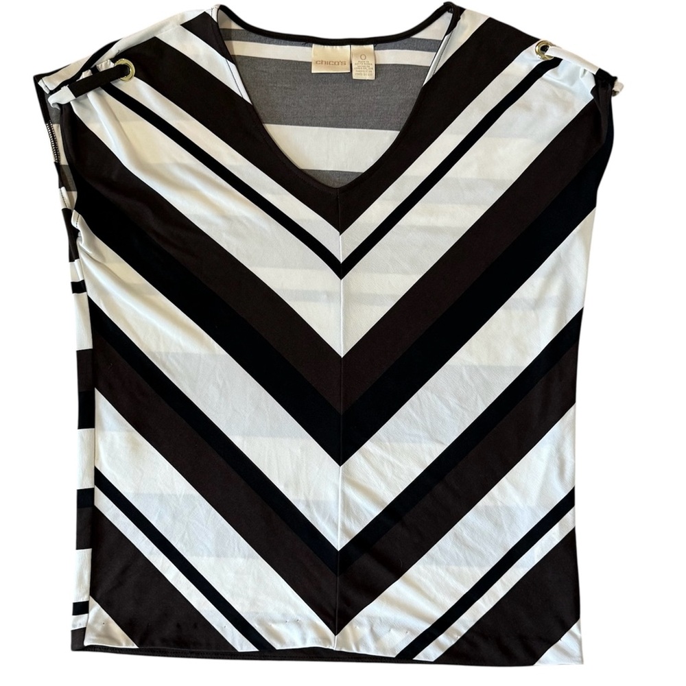 CHICOS Tank/Shell (4-6) Black Brown White Stripe V-Neck Cap Sleeve X-Small/Small